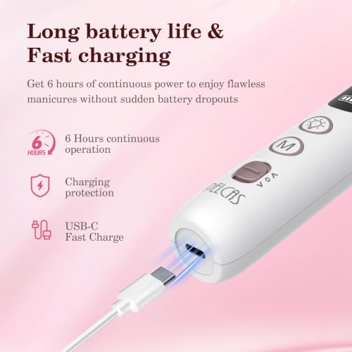 PELCAS White Cordless Electric Nail File with 10 Speeds & LED Light, Travel Ready