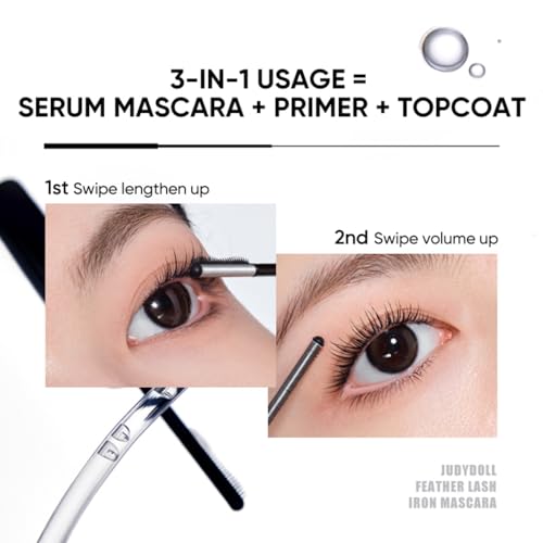 JUDYDOLL Feather Lash Iron Mascara -Serum, Primer, Topcoat 3-in-1, Dual-Wing Brush for Clump-Free Length & Volume, Lash Care with Squalane, Waterproof & Smudge-Proof, Suitable for all Types (Black)