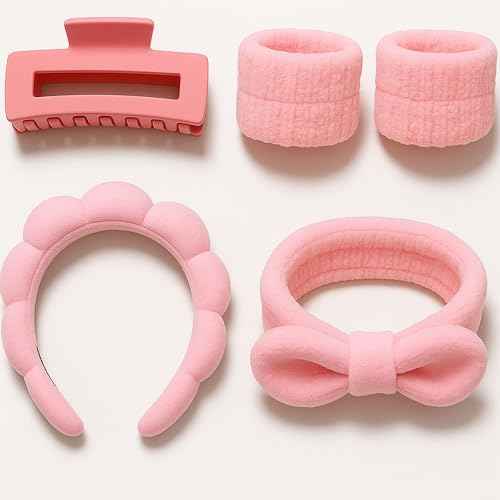 5?Piece Spa Set ? Pink Facial Headbands with Hair Clip & Wristbands ? One?Size Beauty & Skincare Accessory Kit for Makeup, Skincare, Face Washing