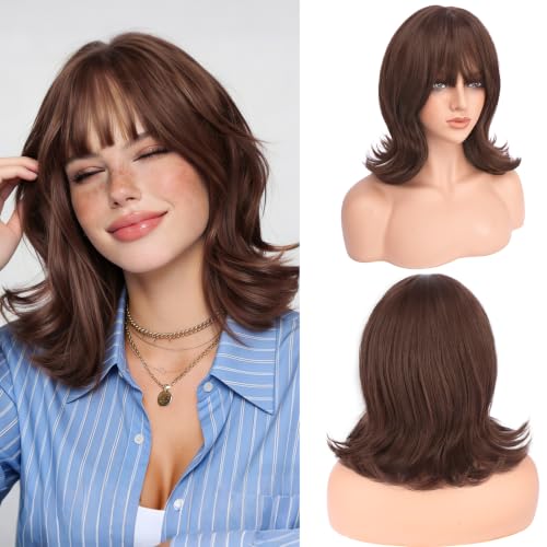 Haloo Reddish Brown Short Wavy Bob Wig with Bangs - 14 Inch Synthetic Hair for Women