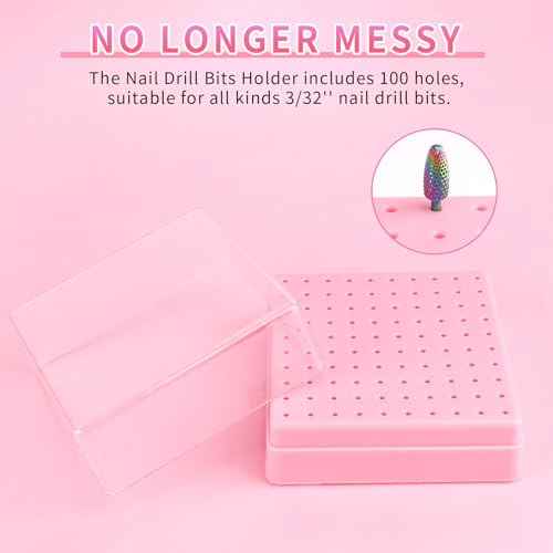 Nail Drill Bits Holder & Nail Drill Bits Cleaning Brush, 100 Holes Nail Bit Holder, Dustproof Nail Art Drill Bits Display Storage Box, Nail Drill Bit Holder for Nail Tech (Pink)