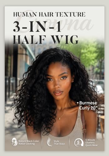 CROWNA 20 Inch Curly Half Wig - Natural Black Synthetic Wig, 200% Density