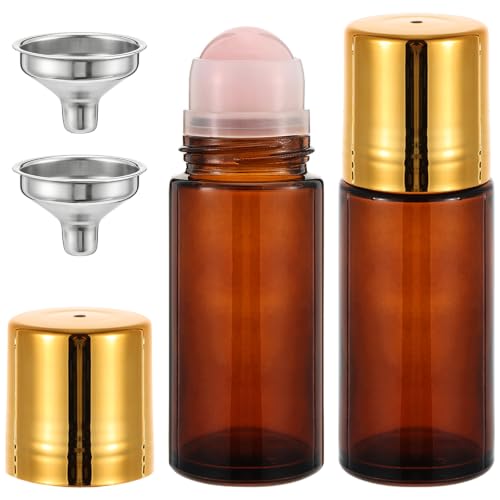 2 Pack 1.7oz Amber Glass Roll-On Bottles with Rose Quartz Roller for Essential Oils & Skincare
