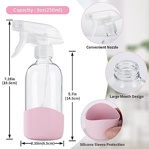 HOMBYS 8 Oz Empty Clear Glass Spray Bottles with Silicone Sleeve Protection Refillable Containers for Cleaning Solutions, Essential Oils, Misting Plants - Quality Sprayer - 3 Pack Boston Bottles