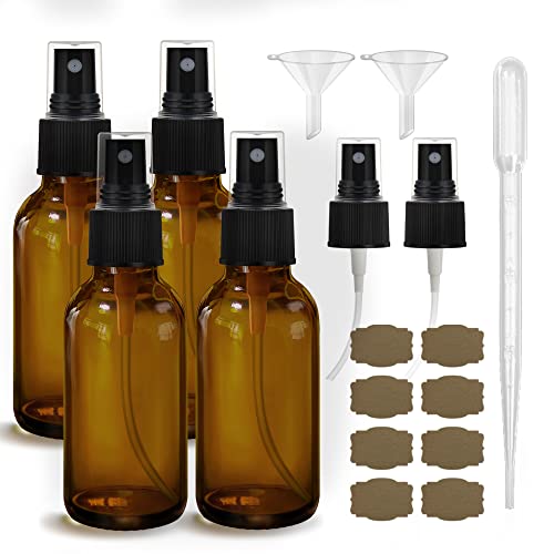 Amber Glass Spray Bottles 4oz - Set of 4 with Nozzles