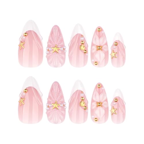 Medium Almond Press On Nails | Nude Pink 3D Floral French Tips