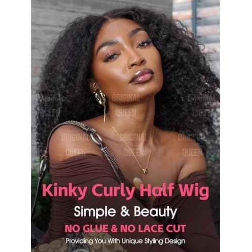 ORIGINAL QUEEN Kinky Curly Half Wig Human Hair 3 In 1 Seamless Flip Over Glueless Wigs for Women Wear Go Wig with Adjustable String Invisible Hairline Beginner Friendly 24Inch