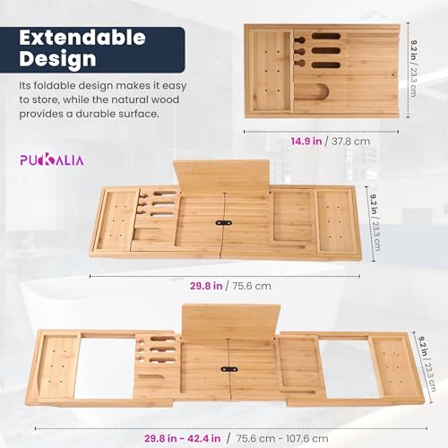 Bath Tray for Tub and Ergonomic Pillow Premium - Caddy Expandable 29 to 42.5 Inch -Foldable Bamboo Wood Tub Organizer - Luxury Bathtub Tray Wood Bamboo