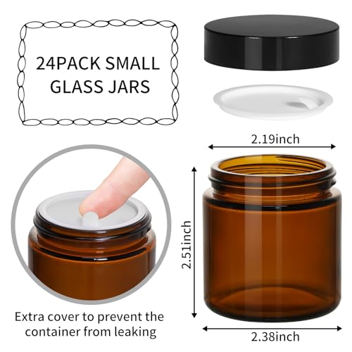 KEYWING 4oz Small Glass Jars with Black Lids, 24 Pack Amber Empty Cosmetic Containers Round Glass Jar with Inner Liners for Lotions, Powders and Ointments