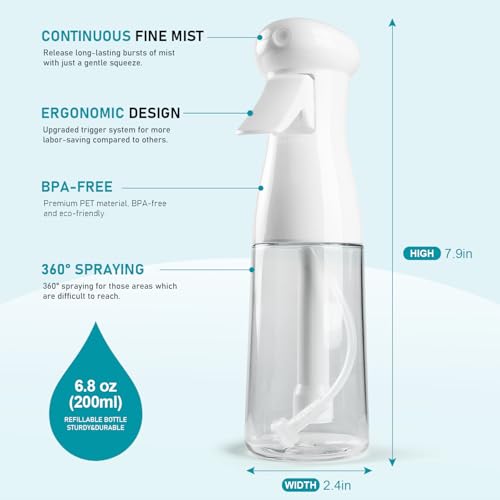 Bealee Continuous Spray Bottle - Ultra Fine Mist for Hair & Cleaning - 2 Pack 6.8 OZ