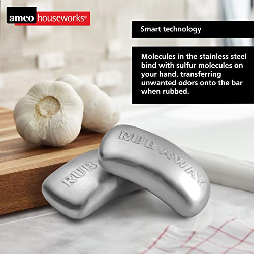 Amco Rub Away Bar, Stainless Steel Odor Absorber (4" x 2.25") - Dishwasher Safe Kitchen & Outdoor Essential for Garlic, Onion, Fishing, Hiking Odors - Natural Odor Remover (Pack of 2)
