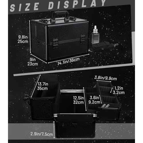Large Makeup Train Case Cosmetic Organizer Case Makeup Box Portable Make Up Artist Travel Case with 4 Trays with Dividers Lockable Hard Train Case Nail Tech Supply Storage - Starry Black