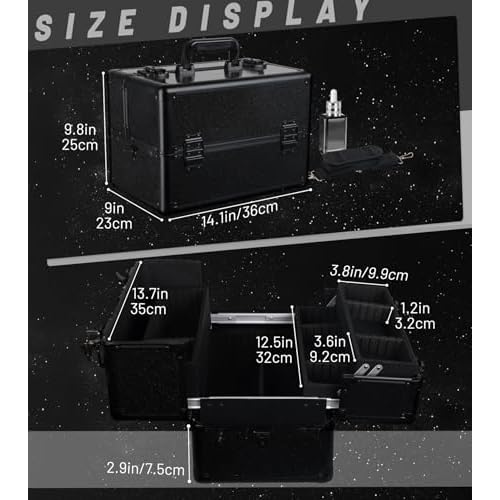 Large Makeup Train Case Cosmetic Organizer Case Makeup Box Portable Make Up Artist Travel Case with 4 Trays with Dividers Lockable Hard Train Case Nail Tech Supply Storage - Starry Black