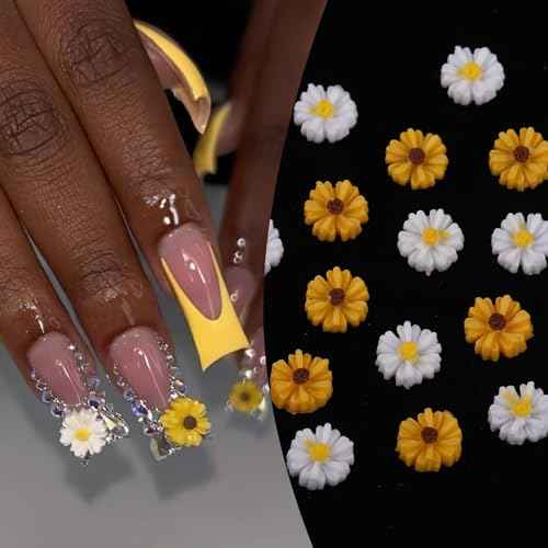 Tiny Bee Nail Art Charms Resin Cartoon Daisy Flower Nail Gems 3D Gold Alloy Bees Jewelry Charms for Nails, Spring Summer Daisy Sunflower Nail Rhinestones for Women DIY Nail Decoration 60Pcs