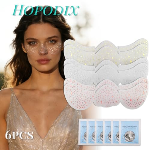 Glitter Face Tattoo Stickers - 6pc Temporary Makeup Patches (Pink, Gold, Silver)