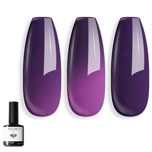 modelones Black Purple Gel Nail Polish Color Dark Purple Changing Black Mood Temperature Change Nail Polish Gel Soak Off Nail Art DIY Salon Manicure Holiday Gift for Girls Women 15 ML