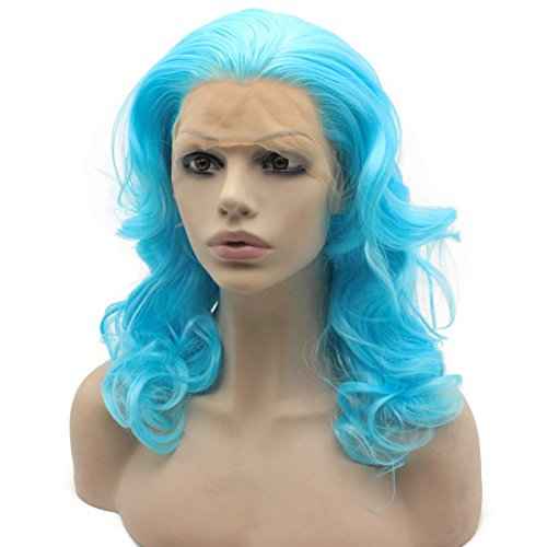 MX angel Medium Long Shoulder Length Wavy Light Blue Lace Front Costume Party Wig
