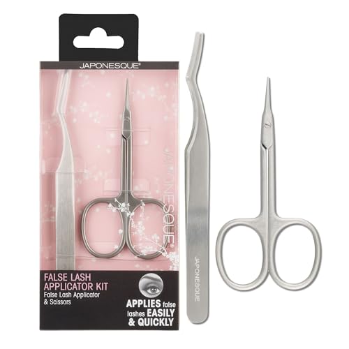 JAPONESQUE False Eyelash Applicator Kit, Stainless Steel Scissors And Tweezer Applicator Duo - Two Piece Kit For Easy, Natural Looking False Eyelashes, Works On Strips and Lash Clusters