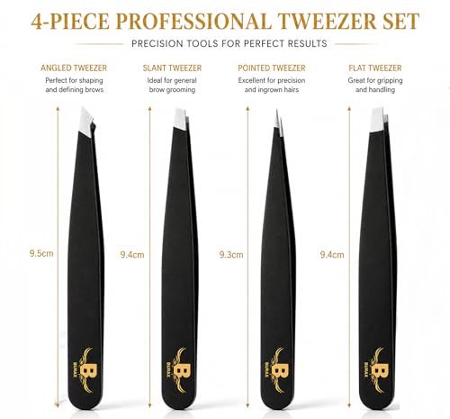 Black 4-Piece Stainless Steel Tweezers Set for Eyebrows & Facial Hair Removal