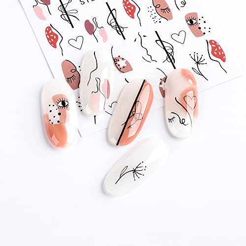 8 Sheets Nail Art Stickers, Abstracted Line Drawing Nails Stickers Designs, Geometric Nail Decals, Heart Love Geometry Ultra-Minimal Style Holiday Stickers, 3D Nail Decorations for Nail Art for Kids