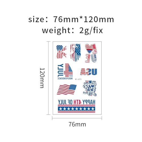 4th of July Temporary Tattoo Adults Fake Tattoos Independence Day Fourth of July Waterproof Body Art Stickers Red White Blue Memorial Decorations for Labor Day Party USA National Flag 20 Sheets