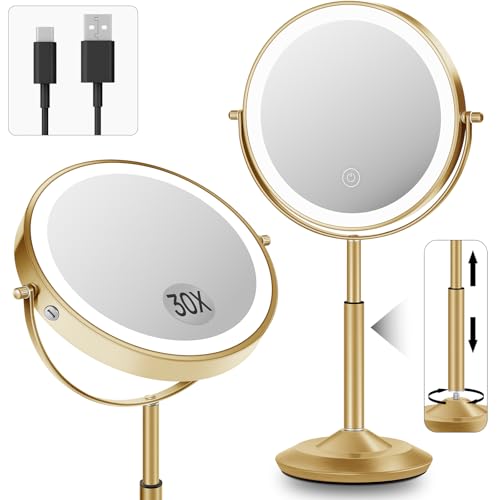 Lighted Makeup Mirror 30X/1X Magnification, Rechargeable LED Vanity