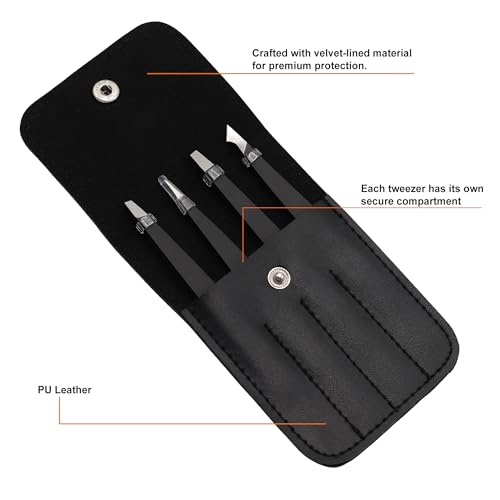 Glory 4-Pcs Precision Eyebrow Tweezers Set Professional Stainless Steel Brow Tweezers for Eyebrows, Ingrown Hair, Facial Hair, Chin Hair & Splinters with American-Inspired Design