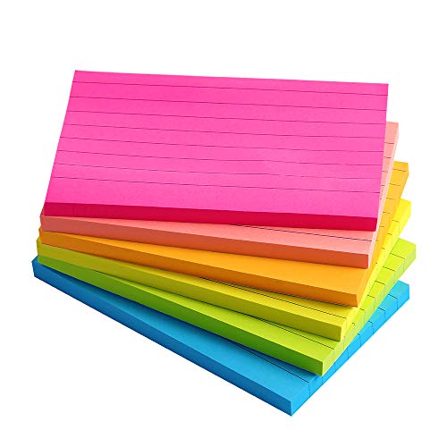 Lined Sticky Notes 3X5 in Bright Ruled Post Stickies Colorful Super Sticking Power Memo Pads Its Strong Adhesive, 6 Pads/Pack, 75 Sheets/pad