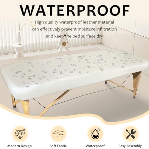 PU Leather Massage Table Cover Waterproof Massage Table Cover Protector Elastic, Odorless & Anti-Wrinkle Wipeable Massage Bed Cover Fitted for 6FT Massage Bed/Spa Bed/Lash Bed (White, 1Pcs)