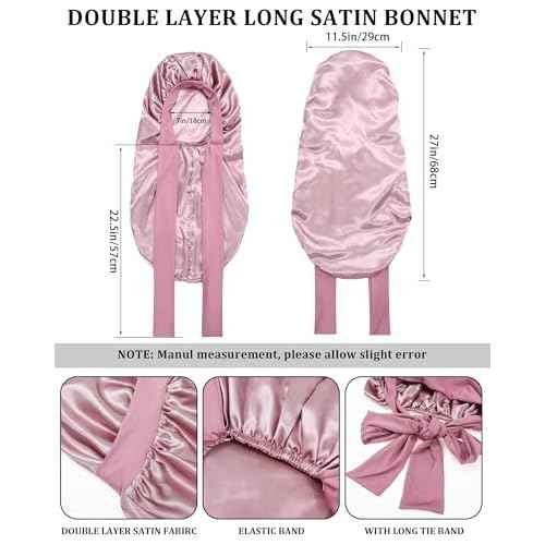 AWAYTR Long Hair Bonnet for Sleeping - Double Layer Long Elastic Tie Band Satin Bonnet for Women with Sleep Eye Mask (Rose Gold)