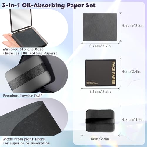 Oil Blotting Papers for Face with Mirror & Puff - Shine Control, 100 Sheets
