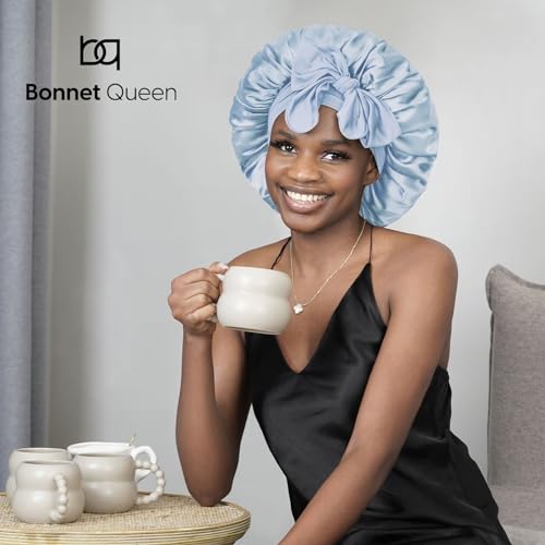 BONNET QUEEN Silk Bonnet for Sleeping Women Satin Bonnet Hair Bonnet Night Sleep Cap Scarf wrap for Curly Hair with tie Band Light Blue