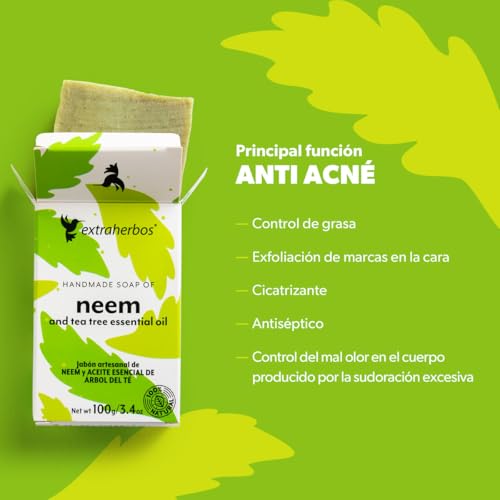 Extraherbos Handmade Neem Soap Bar - Natural Anti-Acne Face & Body with Tea Tree Oil - Organic Exfoliating Soap Bar for Oily Skin, Blemishes & Odor Control - 100g/3.4oz