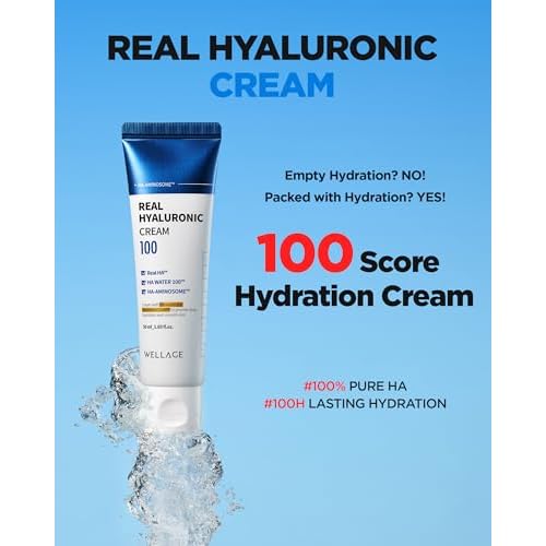 WELLAGE Real Hyaluronic Cream 100, Pure Hyaluronic Acid Korean Face Moisturizer with Ceramide Panthenol Squalane Vitamin B5 Niacinamide - Hydrating face moisturizer, Hypoallergenic, 1.69oz.