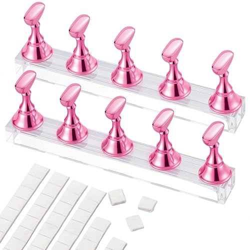 Pink Acrylic Nail Art Display Stands Set with Magnetic Tips & Reusable Adhesive Putty