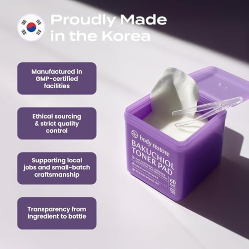 Body Restore Bakuchiol Toner Pads 60 Count ? Gentle Retinol Alternative for Dark Spots & Wrinkles, Korean Skin Care Exfoliating Pads with Niacinamide, Hyaluronic Acid & Bakuchiol Serum, Anti-Aging