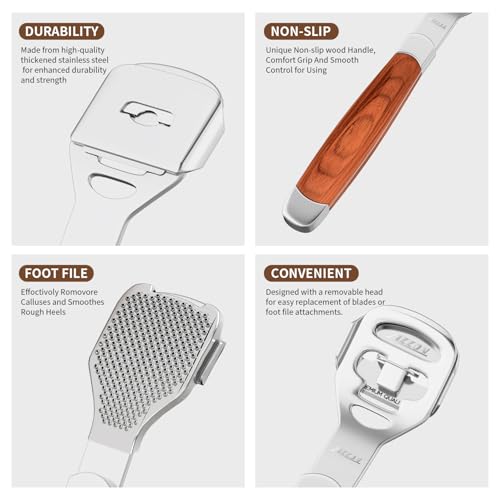 ZIZZON Callus Shaver for Feet - Wood Handle Pedicure Tool with 10 Blades