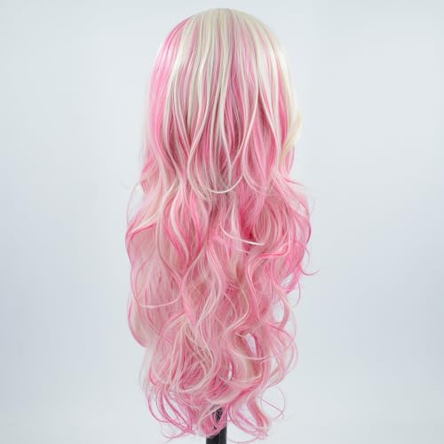 Long Wavy Hot Pink White Lace Front Wig Pink Skunk Stripe Platinum Blonde New Synthetic Hair For Women