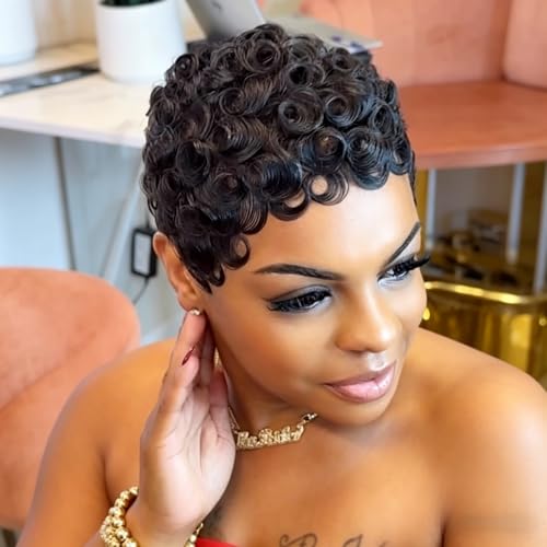 Yrenrea Black Finger Wave Human Hair Pixie Wig Short Curly Glueless Daily Use
