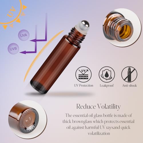 10ml Amber Glass Roller Bottles for Essential Oils, 4-Pack