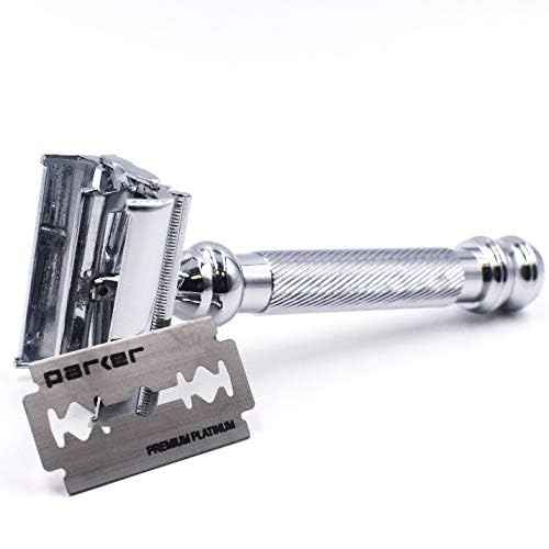 Parker 99R Chrome Long Handle Heavyweight Butterfly Open Double Edge Safety Razor for Men | 5 Parker Premium Platinum Double Edge Razor Blades Included | Iconic Brand
