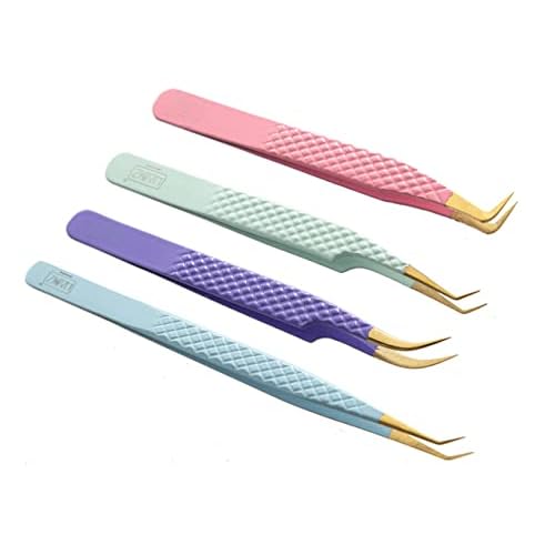 HADIZ Fiber Tip Tweezers Set of 4 Diamond Grip Eyelash Extensions Tweezers Japanese Stainless Steel Lash Tweezer (Combination)