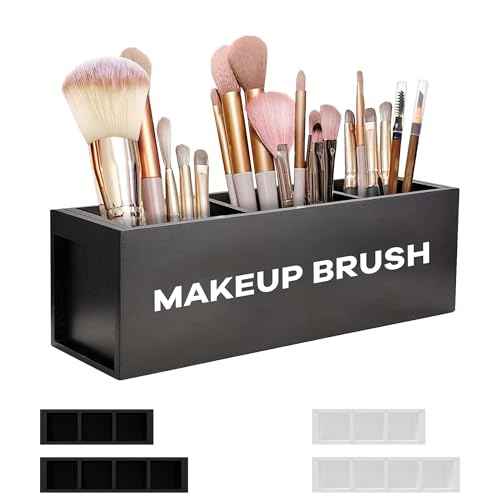 Suli Large Makeup Brush Holder Organizer, Wooden Cosmetic Brushes Storage with 3 Slots, Eyeliners Display Case for Vanity Desktop Bathroom Countertop -Black