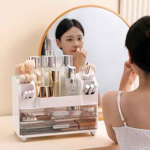 Anyoifax Makeup Organizer Countertop with Large Drawers, Vanity Organizer with Brush Holder, Skin Care Storage for Dresser, Perfume Organizer for Lotion, Lipsitck, Palette, White