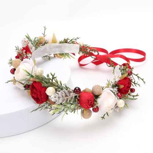 Christmas Flower Crown for Girls Winter Floral Crown Holiday Decoration Headband Xmas Wedding Headpiece Burgundy Berry Wreath Red Green Golden Gifts for Grandkids Holly Berry Garland