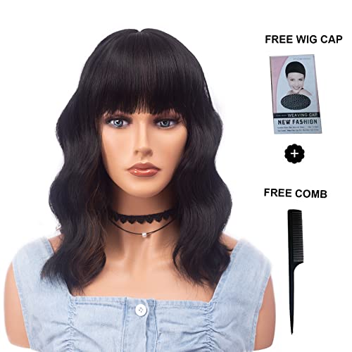 Aiemnnie Short 613 Bob Wig with Bangs for Women Wavy Wig Synthetic Wigs with Bangs Curly Wavy Wig for Girls Daily Use （14 Inches）