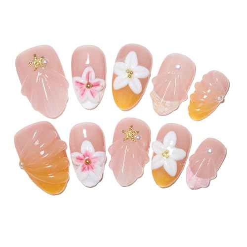 10 Pcs Handmade Reusable Press-On Nails 3D Floral Nail Art Decorations, Pink and White Flowers with Gold Accents Short Almond For Women & Girls, Daily & Party Use (pink2592, XS)