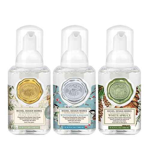 Michel Design Works Happy Holidays Mini Foaming Soap 3-Pack Set (Peace On Earth, Winterberry & Balsam, White Spruce)