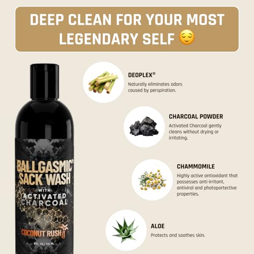 Derm Dude BallGasmic Ball Wash for Men ? Anti-Chafing Body Wash with Activated Charcoal for Private Parts | Antibacterial Groin Cleanser & Odor Control Shower Gel ? Coconut Rush Scent, 8oz