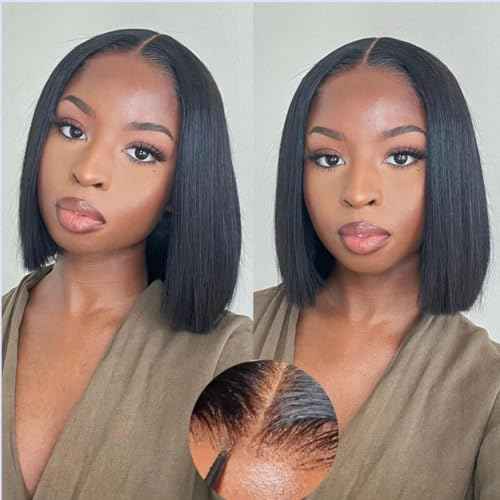 Nakkia 14 Inch Bob Wig Human Hair Pre Plucked Pre Cut HD Transparent Lace Front Wear and Go Glueless Wigs Human Hair for Black Women Short Straight 4x4 Closure Bob Wigs for Beginner